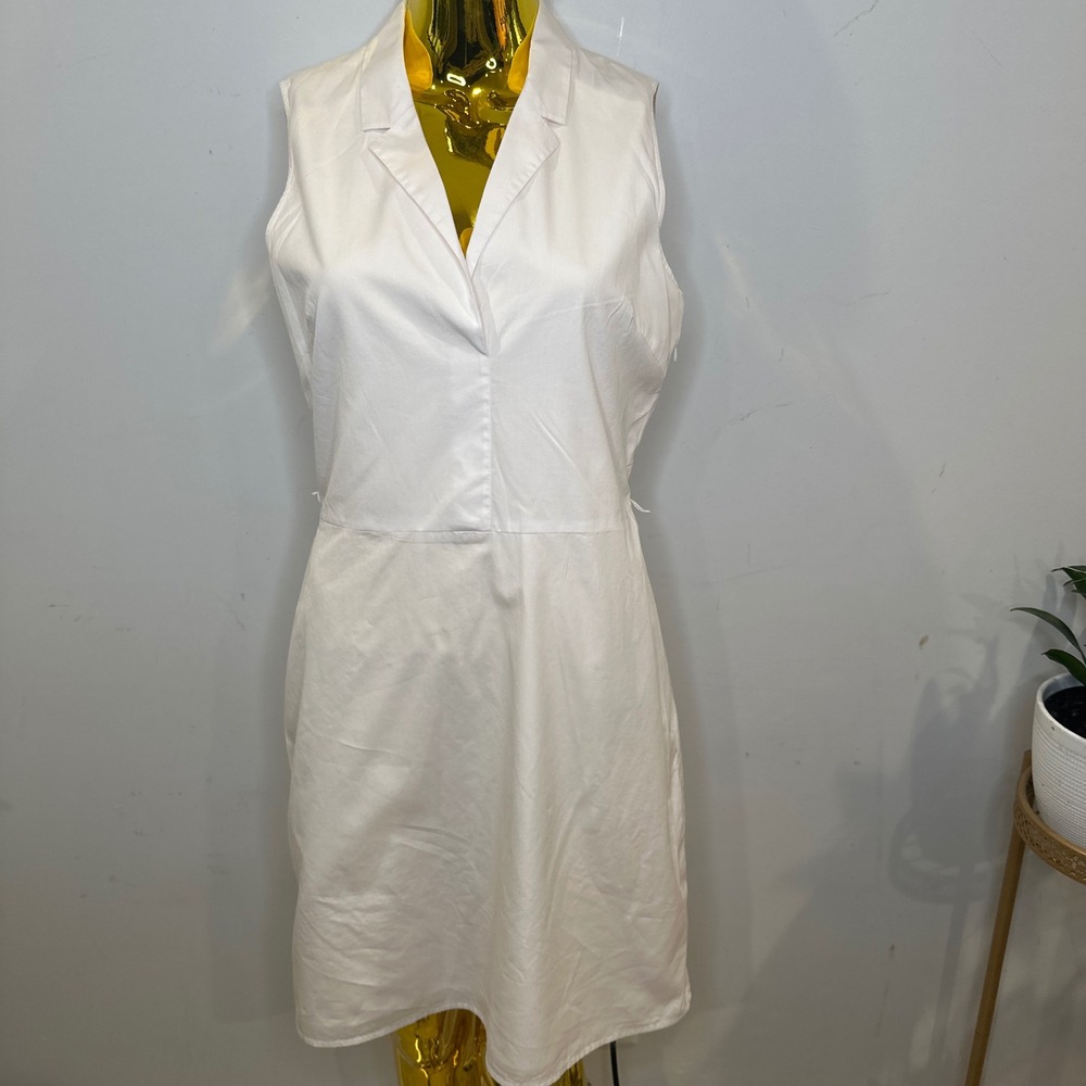 Theory Minimalist White Cotton Sleeveless Notched Collar V-Neck Shirt Dress‎ 6